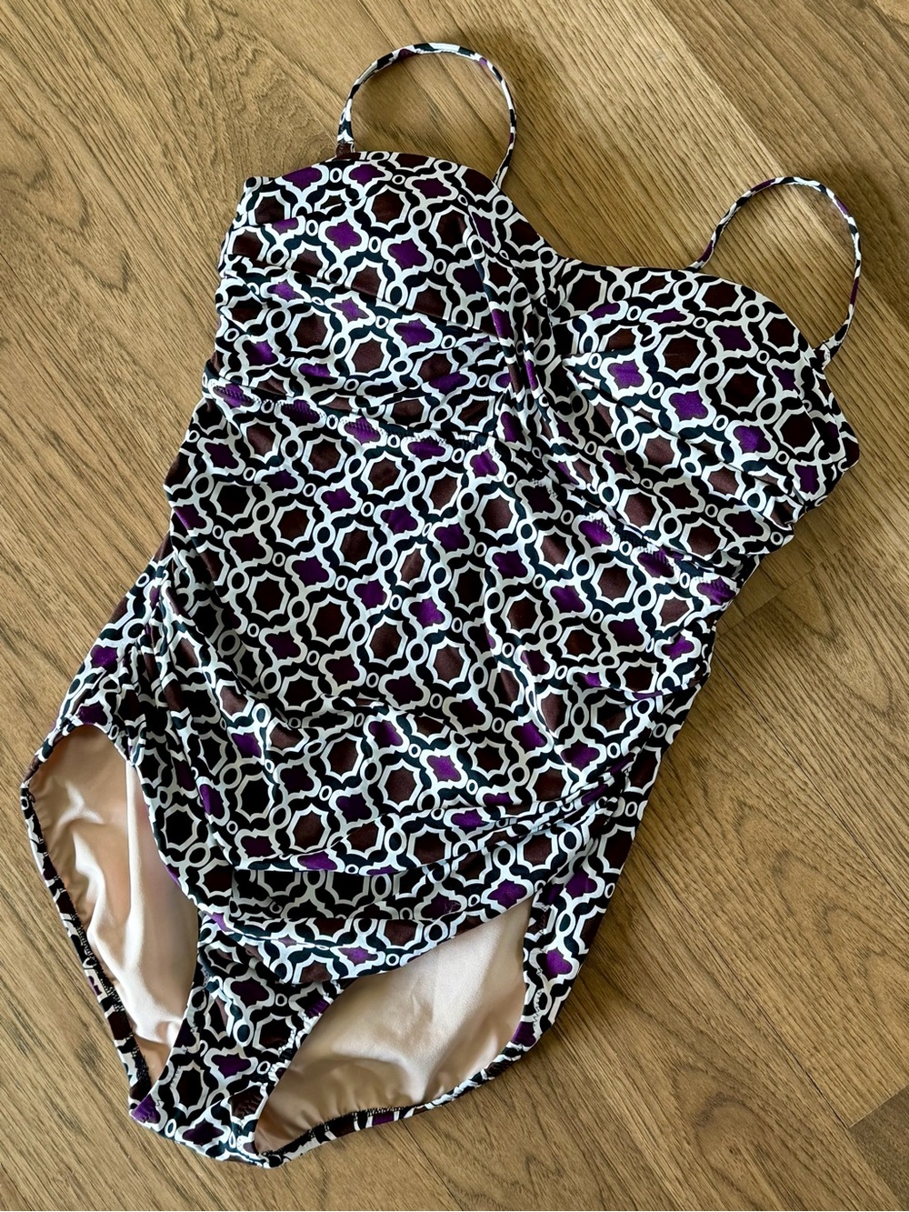 Lands' End One-Piece Swimsuit in Purple, Black and White Geometric Print